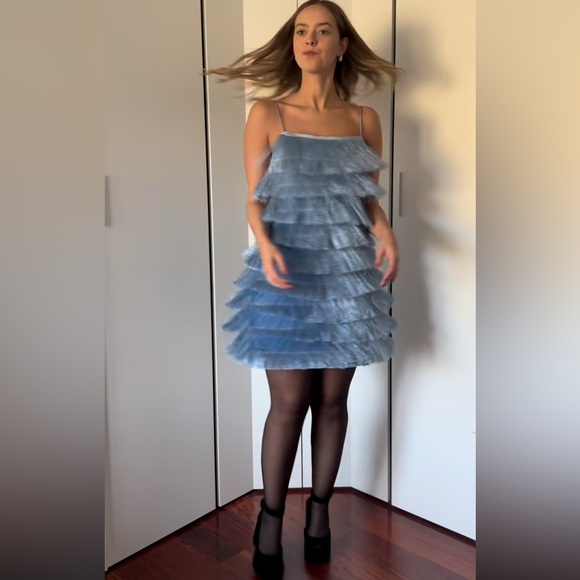 Zara Light Blue metallic Fringe Mini Dress - Picture 13 of 16
